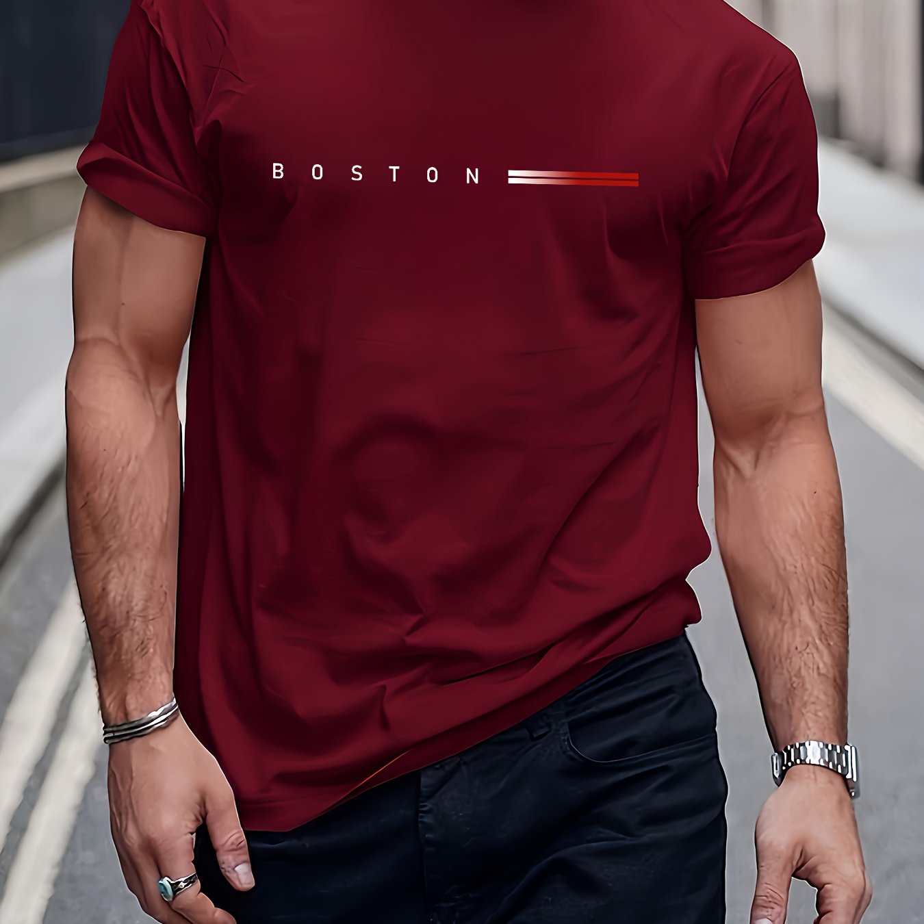 Men's 180gsm Heavyweight 100% Cotton T-Shirt with Boston Lettering Print - Casual Round Neck Short Sleeve, Regular Fit All-Season Comfort, White & Black Contrast Design for Everyday & Semi-Formal Wear - Boston-Themed Apparel