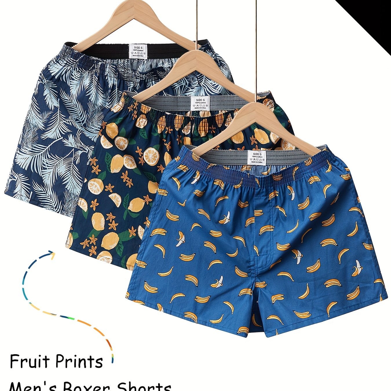 3 Pieces of Men's Comfortable Cotton Fruit Pattern Full Print Boxer Shorts with Breathable Fabric and Relaxed Fit for Everyday Wear