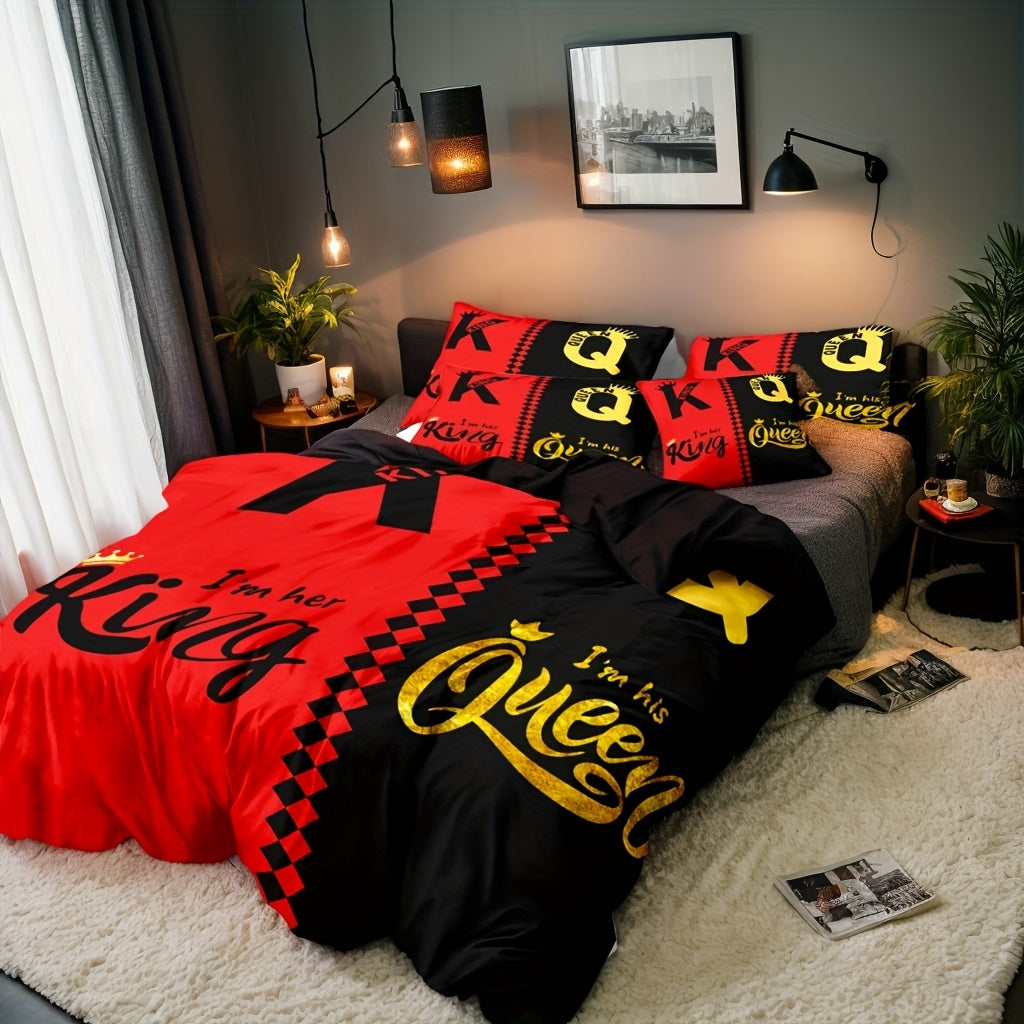 King & Queen Crown 3pcs Duvet Cover Set - Soft Breathable Polyester, All-Season Comfort with Zipper Closure - Includes 1 Duvet Cover & 2 Pillowcases, Machine Washable, Digital Print Bedding Set