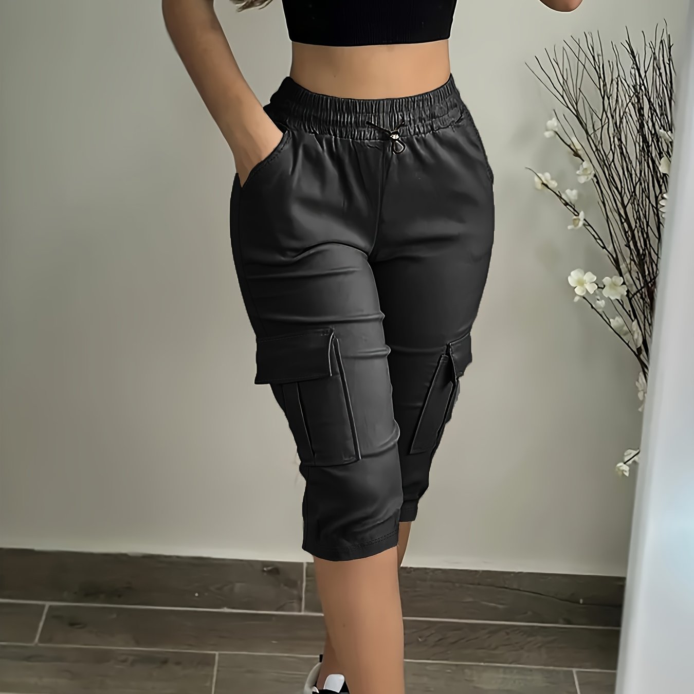 Women's Plus Size Cargo Capri Pants with Elastic Waistband & Side Pockets - Lightweight Polyester, Casual Spring/Summer Outdoor Wear, Beige, Capri Leggings