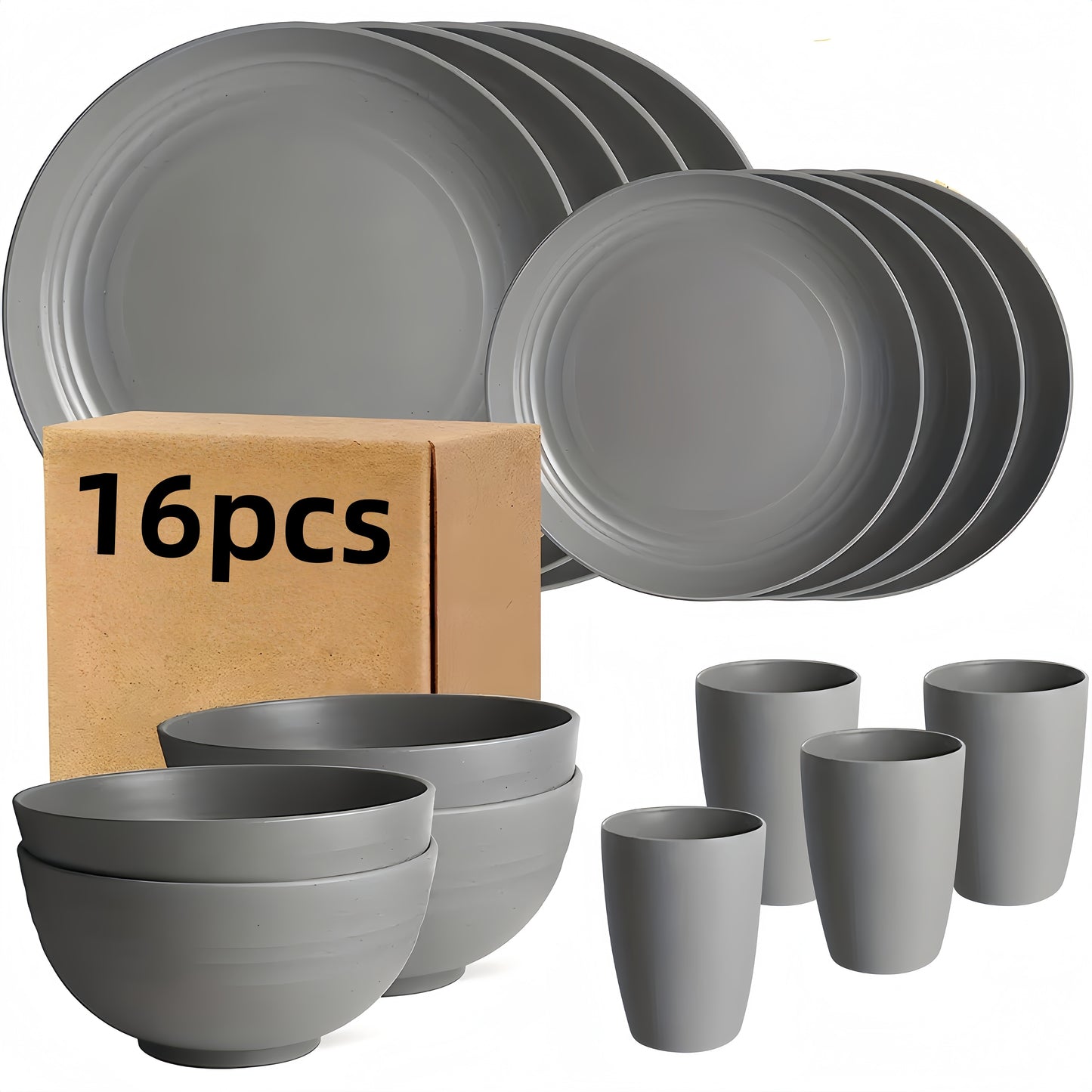 8/16pcs Grey Unbreakable High quality plastic Dinnerware Sets - Reusable, Lightweight, Microwave & Dishwasher Safe - 8pcs Plates, 4pcs Cups, 4pcs Bowls - for Camping, Picnics, RV, Dorm - Perfect Gift for Students & Outdoor En