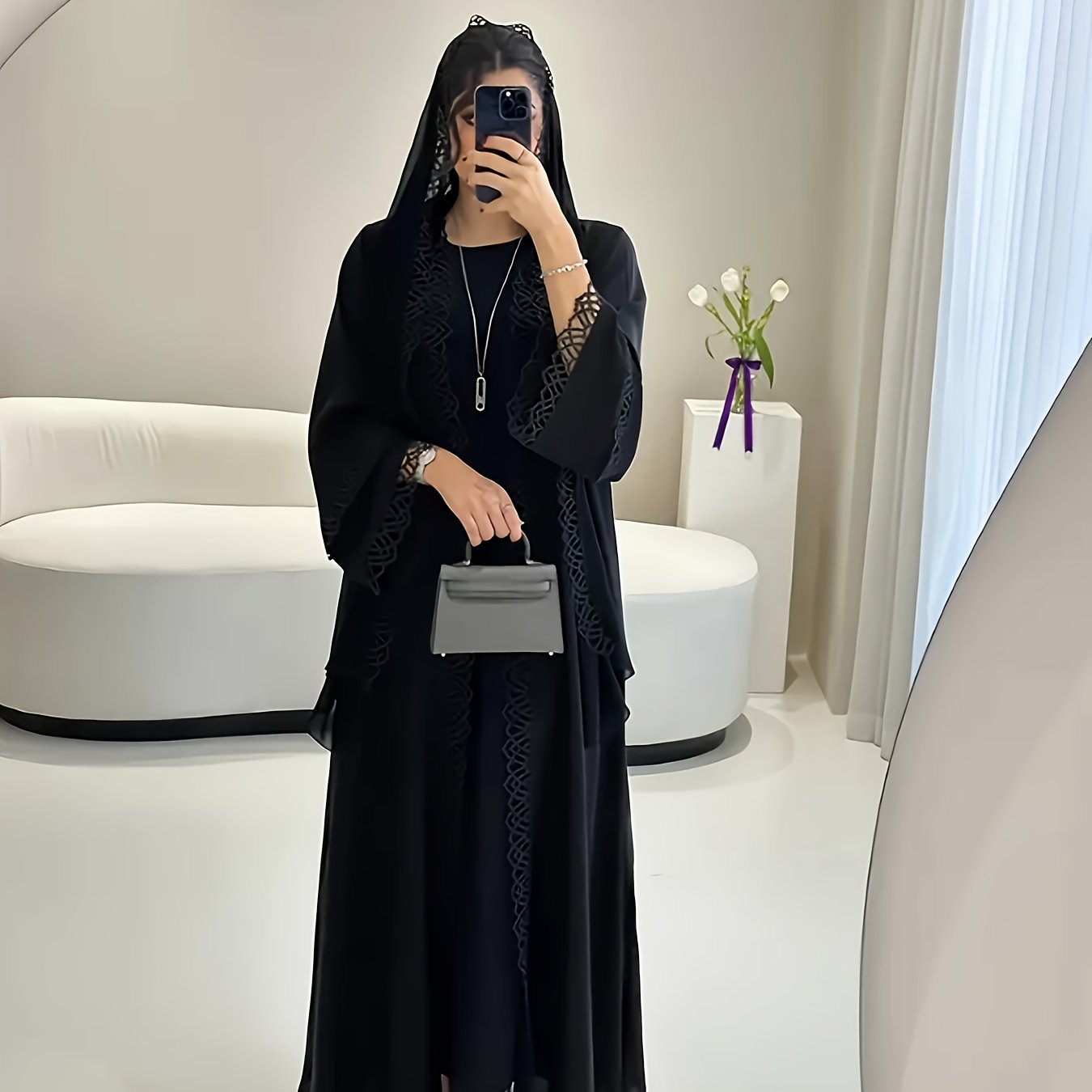 3pcs Elegant Muslim Women'S Abaya Set with Sleeveless Vest Skirt, Headscarf, and Belt - Black Lace Trim, Long Sleeve, Solid Color, All-Season Wear, Modest Fashion for Ramadan, Elegant Attire|Traditional Attire|Lace Trim Detai