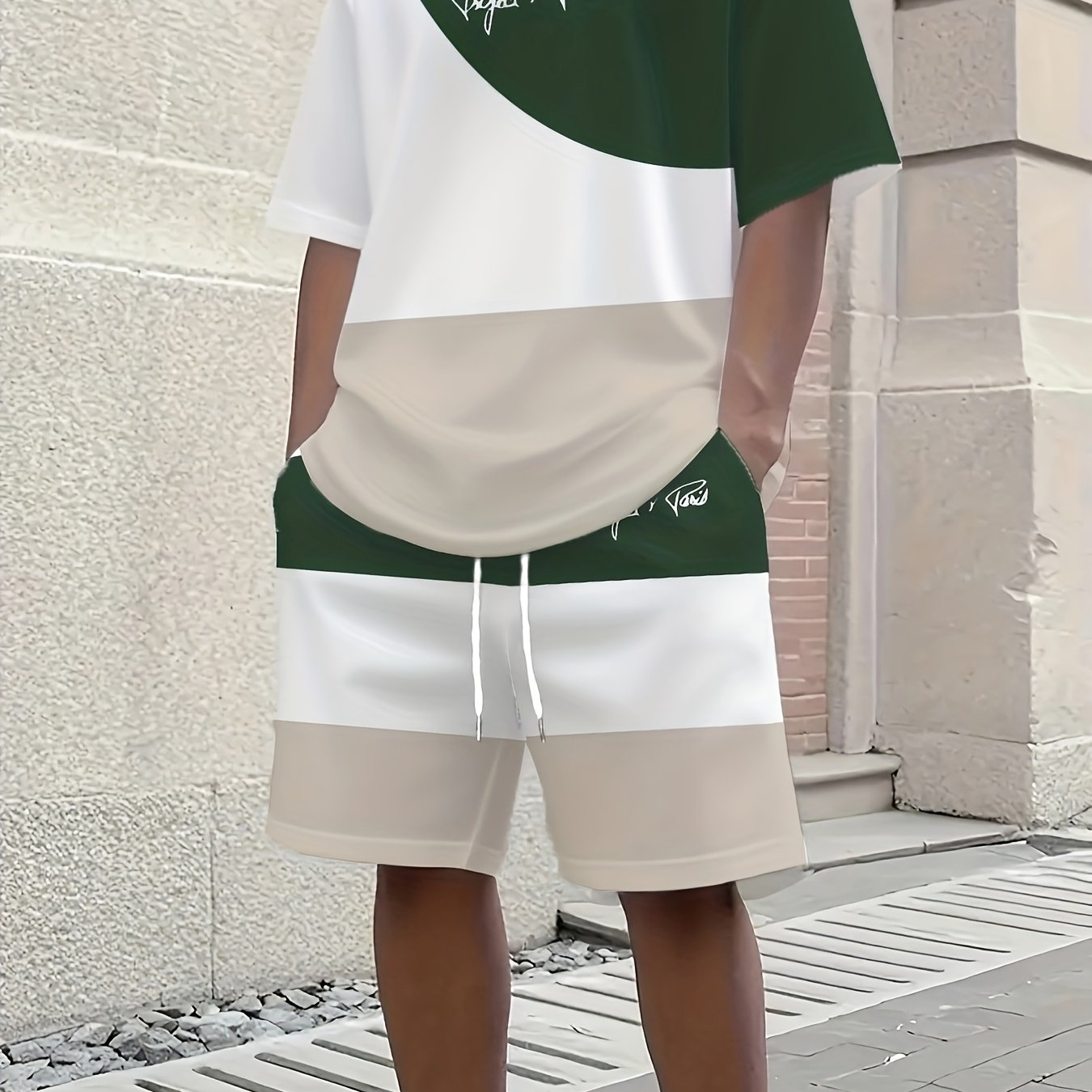 1 set of 2pcs 3D letter print stylish three-color Men's summer fresh T-shirt and shorts set, made from stretchy polyester knit fabric, regular fit, suitable for outdoor activities and family gatherings