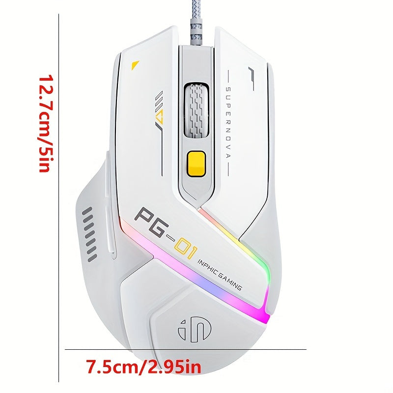 1pc INPHIC PG1 Wired Gaming Mouse, Ergonomic Design, Macro Programming, RGB Backlit, Optical Tracking, USB Plug-in, Windows 10 Compatible, Right-Handed, Plastic, No Battery Required