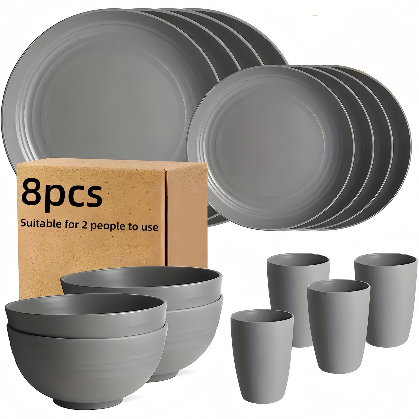 8/16pcs Grey Unbreakable High quality plastic Dinnerware Sets - Reusable, Lightweight, Microwave & Dishwasher Safe - 8pcs Plates, 4pcs Cups, 4pcs Bowls - for Camping, Picnics, RV, Dorm - Perfect Gift for Students & Outdoor En