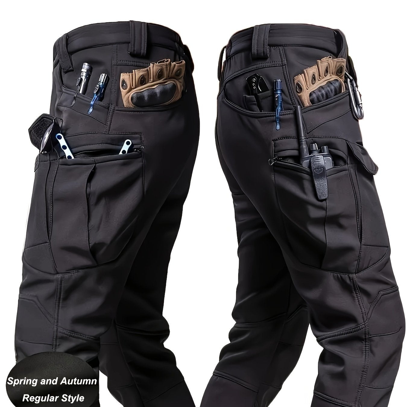 Men's Multi-Pocket Work Pants - Men's Outdoor Casual Tactical Trousers - 90.7% Polyester, 9.3% Spandex - Durable Fabric with Elastic Waist - Regular Fit, Machine Washable - Spring/Autumn Casual Attire Hiking Longs