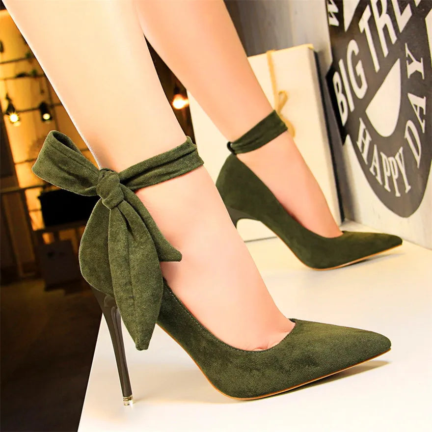 2025 New Classic Ankle Lace-Up Bowknot Woman Shoes Solid Flock Shallow High Heels Shoes Party Shoes Fashion Women Pumps 6 Colors