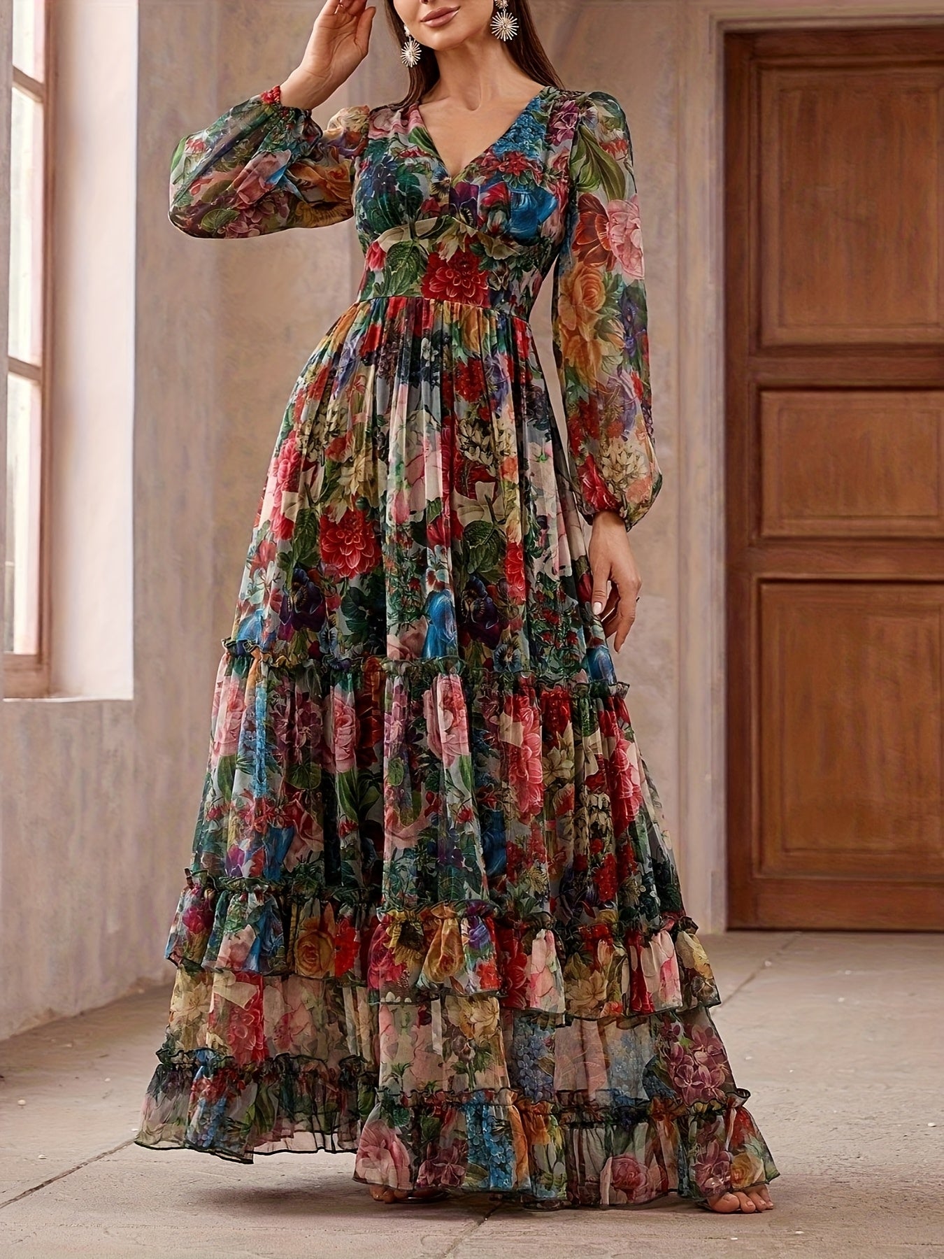Women's Elegant Maxi Floral Print Chiffon Dress, V-Neck & Puff Sleeves, A-Line Long Formal/semi-formal gown, Pastel Pink, Blue, Green, Red, Purple, Orange, Yellow, White, Machine Washable, Spring/Summer/Fall Events, Parties,