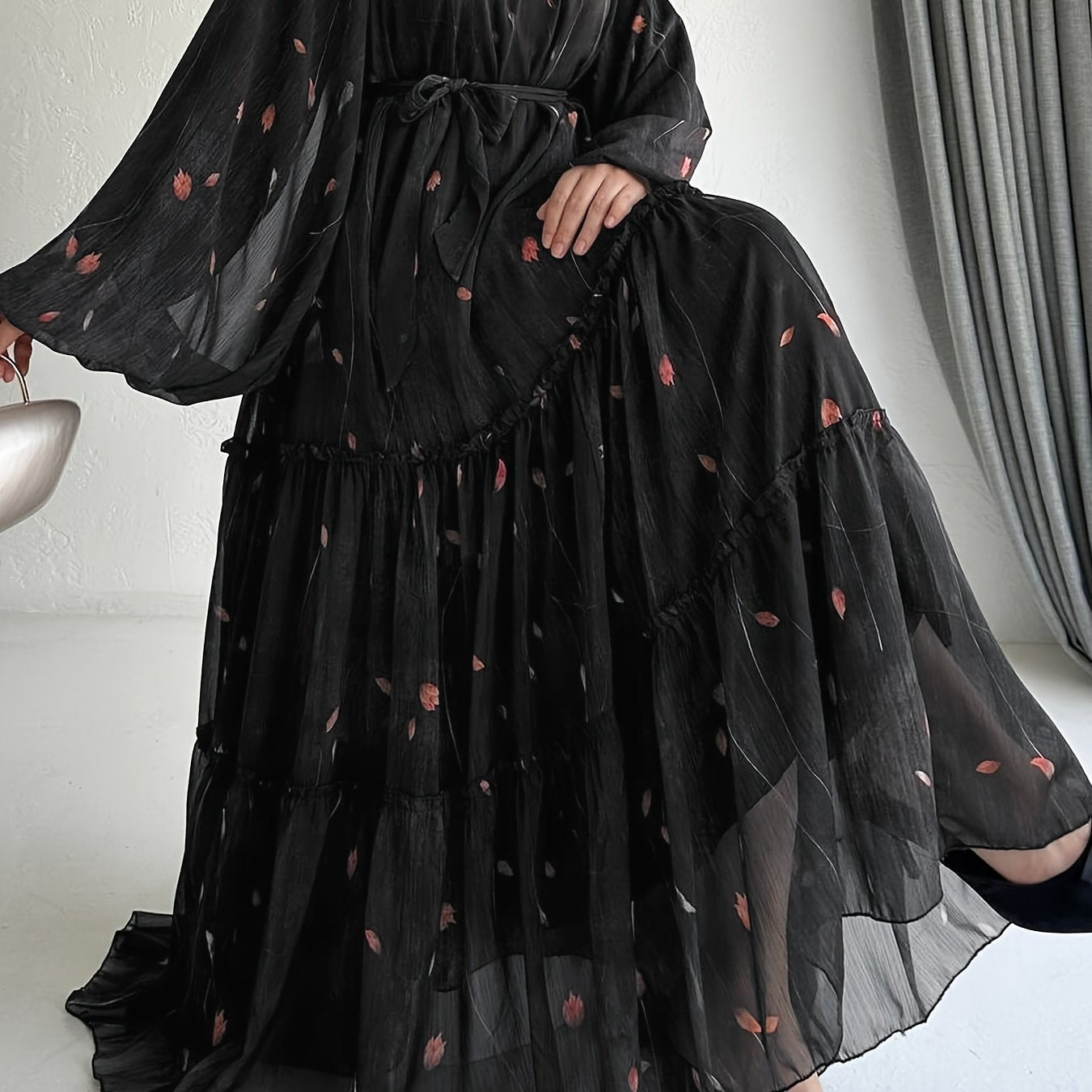 Plus Size Floral Print Belted Dress, Elegant Long Sleeve Ruffle Hem Dress for Spring & Fall, Women's Plus Size Clothing