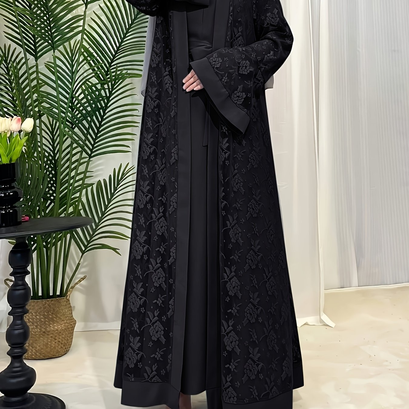 Elegant Black Lace Abaya with Contrast Lace Trim - Long Sleeve, Floor-Length, Belted, All-Season Wear, Traditional Middle Eastern Attire for Women, Cultural Attire|Elegant Abaya|Lace Trim Abaya