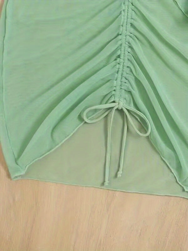 3-Piece Green Halter Bikini Set - Adjustable Neckline, High Cut Bottom, Long Sleeve Drawstring Cover Up Dress - Trendy Womens Swimwear for Beach Style