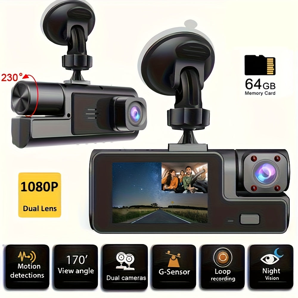 A Car Dash Cam with Memory Card Included, Optional Without Memory Card, 1080P Front Camera, 720P Rear Camera, Infrared Night Vision, Loop Recording