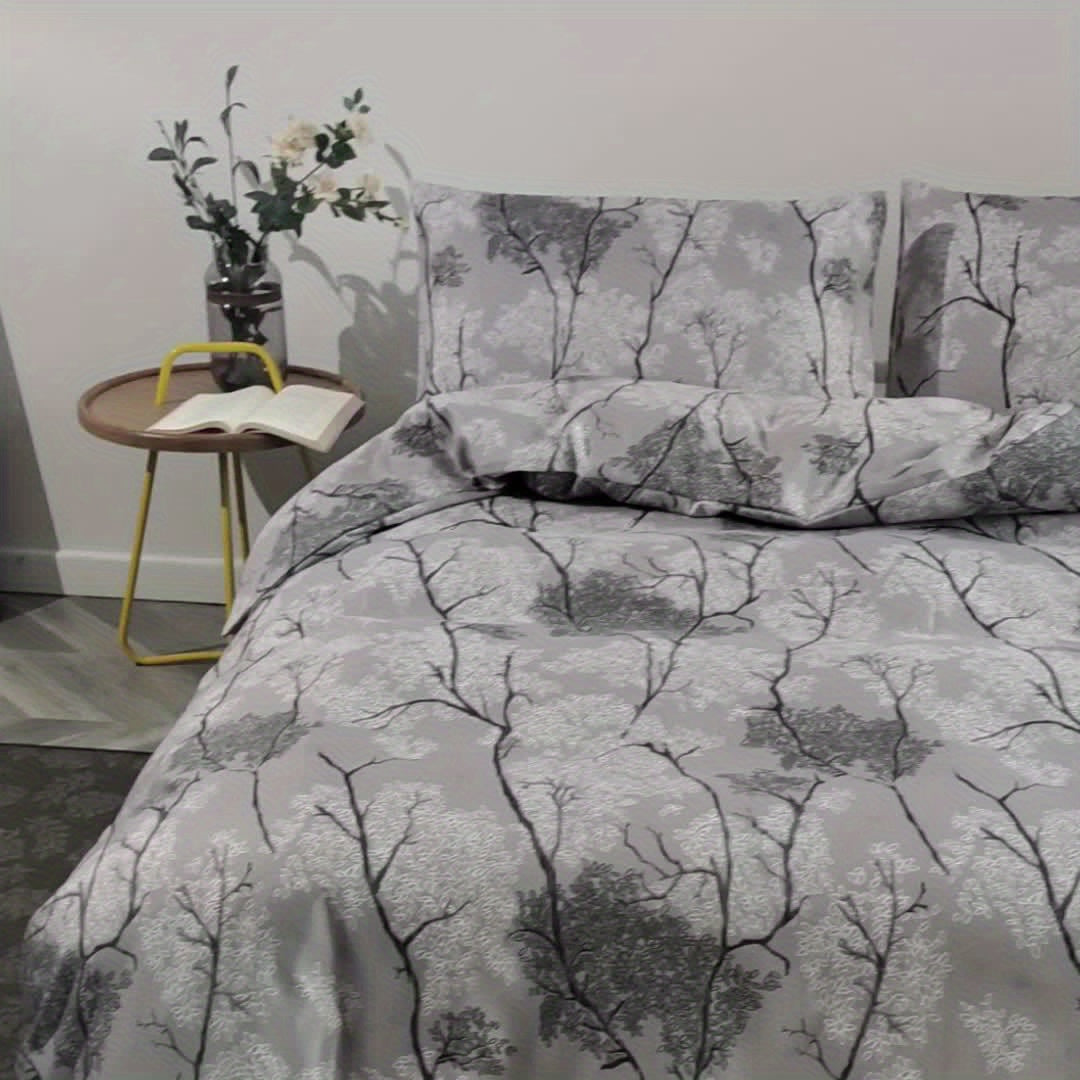 3pcs Botanical Floral Print Silver Gray Theme Bedding Set, Suitable for Bedroom, Guest Room, One Duvet Cover + Two Pillowcases, No Insert