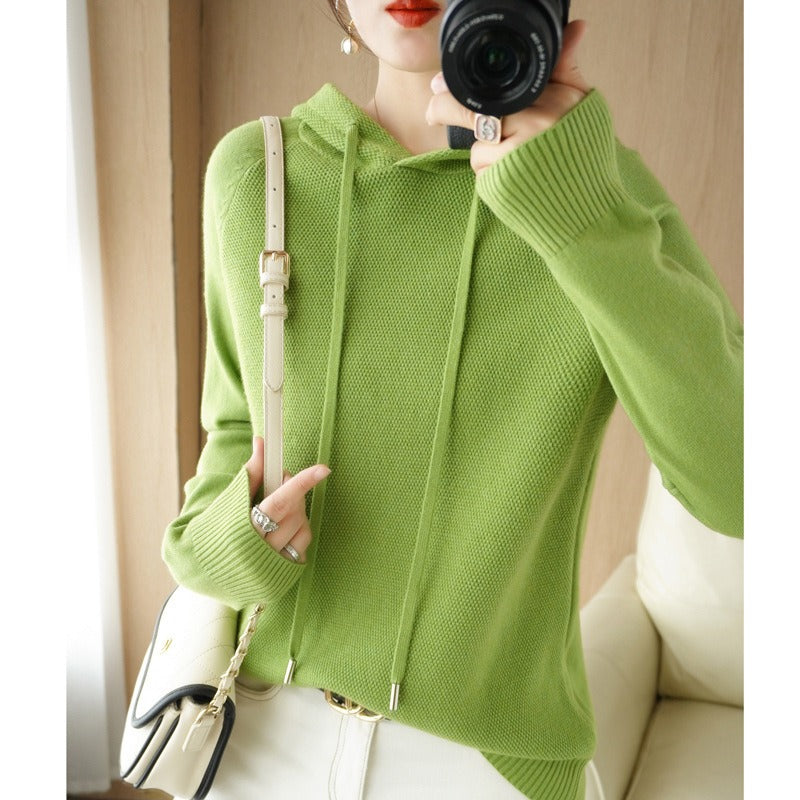 Autumn and Winter Women's Hooded Wool Knitwear Korean Version Loose Fashion Sweater Thickened Sweater Bottom Coat Top