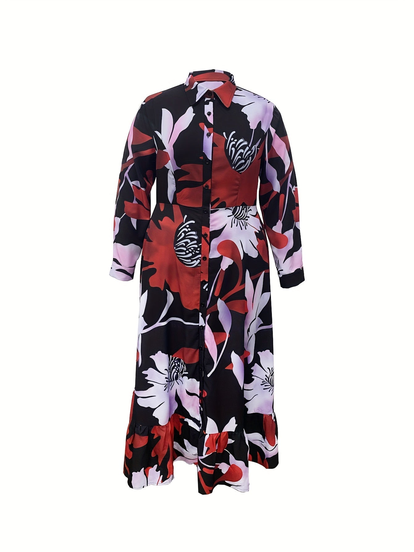 Women's Elegant Floral Print Button-Front Long Dress with V-Neck & Ruching - Machine Washable All-Season Versatile Casual to Formal Wear, Floral Print Dress, Formal Attire, Ruched Skirt Style, Nontransparent Fabric