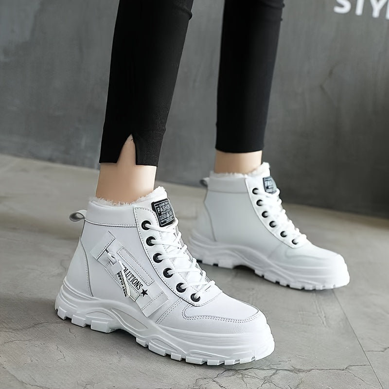 Women'S K2001 High-Top Winter Boots - Stylish White Lace-Up with Faux Fur Lining, Waterproof PVC Sole, Casual All-Season Footwear, Casual Winter Boots|Faux Fur Lined Boots|Laceup Boots
