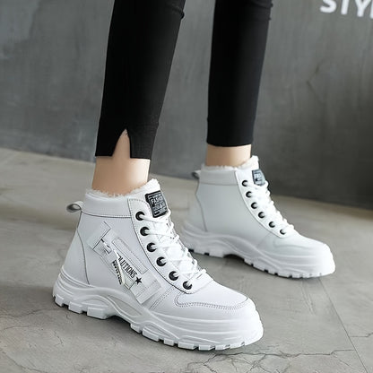 Women'S K2001 High-Top Winter Boots - Stylish White Lace-Up with Faux Fur Lining, Waterproof PVC Sole, Casual All-Season Footwear, Casual Winter Boots|Faux Fur Lined Boots|Laceup Boots