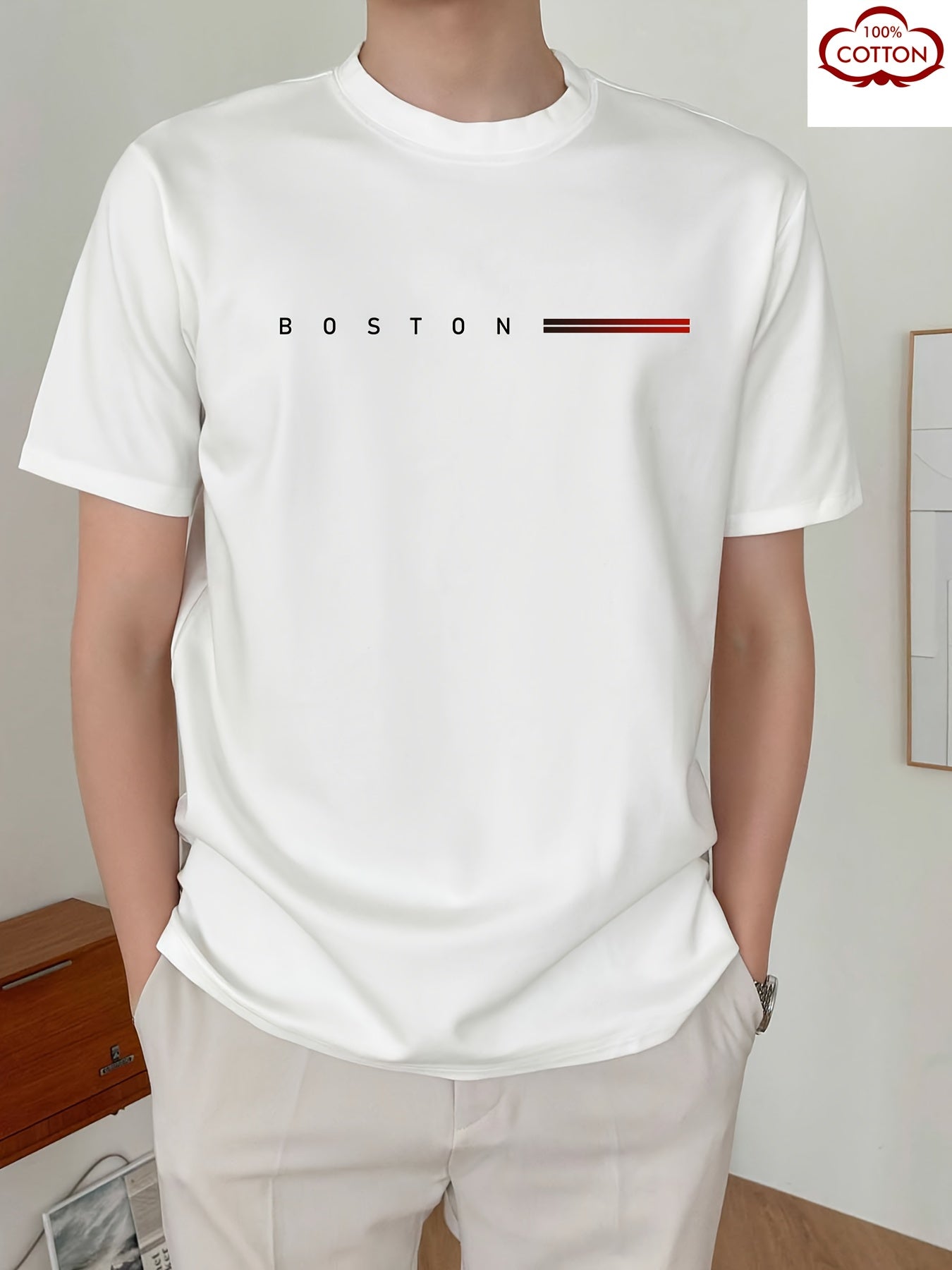 Men's 180gsm Heavyweight 100% Cotton T-Shirt with Boston Lettering Print - Casual Round Neck Short Sleeve, Regular Fit All-Season Comfort, White & Black Contrast Design for Everyday & Semi-Formal Wear - Boston-Themed Apparel