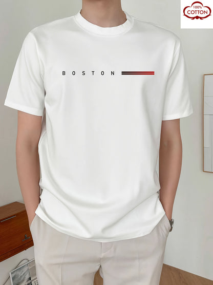 Men's 180gsm Heavyweight 100% Cotton T-Shirt with Boston Lettering Print - Casual Round Neck Short Sleeve, Regular Fit All-Season Comfort, White & Black Contrast Design for Everyday & Semi-Formal Wear - Boston-Themed Apparel