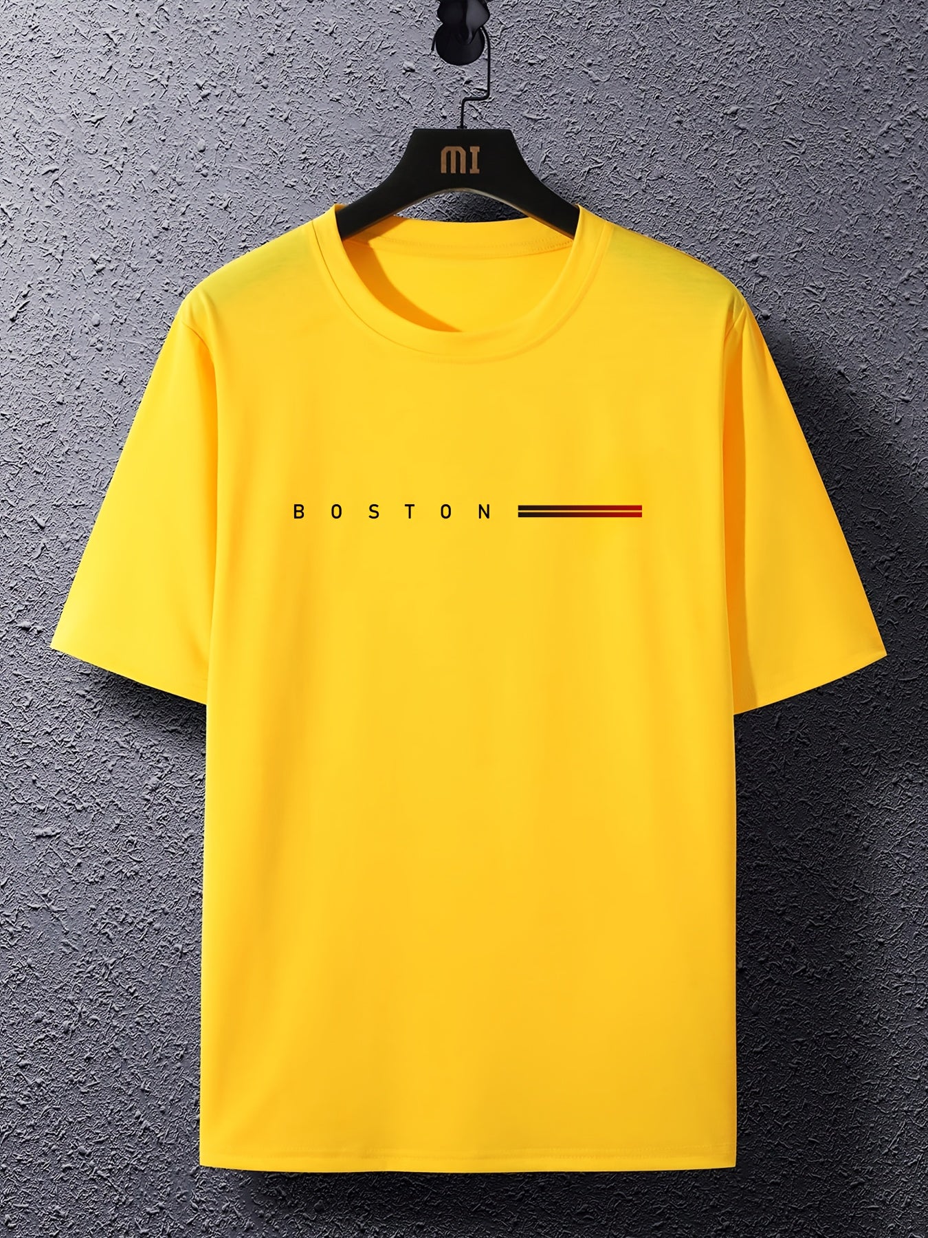 Men's 180gsm Heavyweight 100% Cotton T-Shirt with Boston Lettering Print - Casual Round Neck Short Sleeve, Regular Fit All-Season Comfort, White & Black Contrast Design for Everyday & Semi-Formal Wear - Boston-Themed Apparel