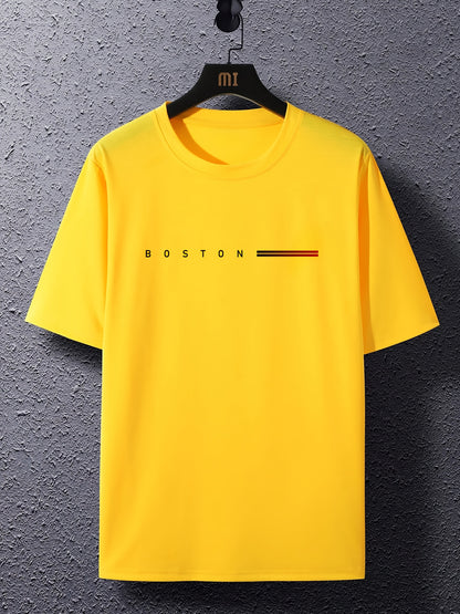 Men's 180gsm Heavyweight 100% Cotton T-Shirt with Boston Lettering Print - Casual Round Neck Short Sleeve, Regular Fit All-Season Comfort, White & Black Contrast Design for Everyday & Semi-Formal Wear - Boston-Themed Apparel