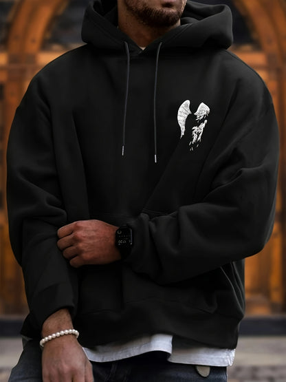 Men'S Cozy Fleece-Lined Hoodie with Angel Wings Print - Black Casual Sporty Sweatshirt, Loose Fit, Front Pocket, Perfect for Fall & Winter, Winter Apparel | Angelic Design | Durable Fabric
