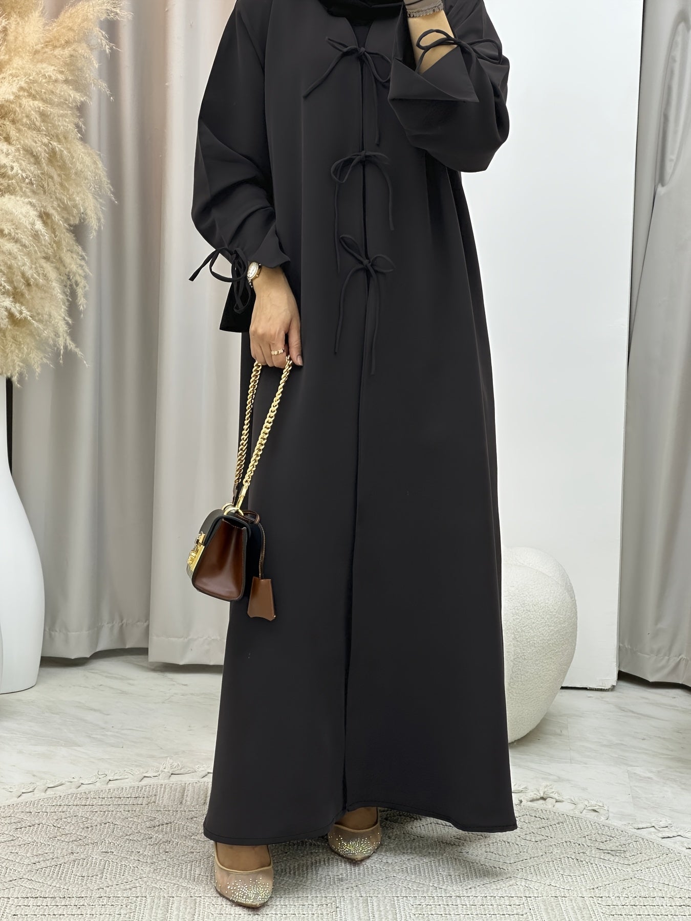 /Unisex Black Abaya Robe - Full-Length Islamic Dress with Adjustable Lace-Up Hooded Collar, Long Sleeve Traditional Muslim Gown for Hajj, Ramadan & Daily Wear - Machine Washable Loose Fit (No Stretch)