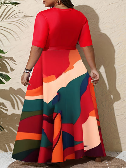 Plus Size Women'S Elegant V-Neck Dress with Contrast Print, 3/4 Sleeve Long Tunic Dress with Pockets and Adjustable Waist Belt - Perfect for Casual Outings, Spring/Summer/Fall, Casual Outing Attire|Vibrant Print Dress|Pockets