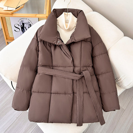 Winter Thick Stand Collar Parkas Women Fashion Tie Waist Short Coats Elegant New Solid Puffer Jackets Female Ladies Streetwear