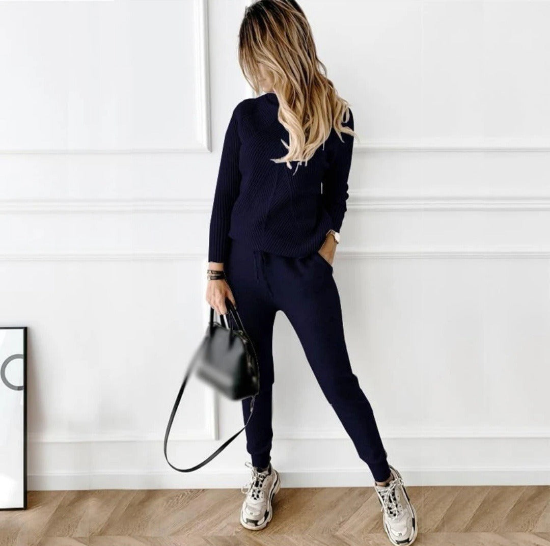 2PCS  High Collar Solid Color Fashion Casual Top  Pants Sweater Set for Women