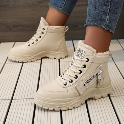 Women'S K2001 High-Top Winter Boots - Stylish White Lace-Up with Faux Fur Lining, Waterproof PVC Sole, Casual All-Season Footwear, Casual Winter Boots|Faux Fur Lined Boots|Laceup Boots