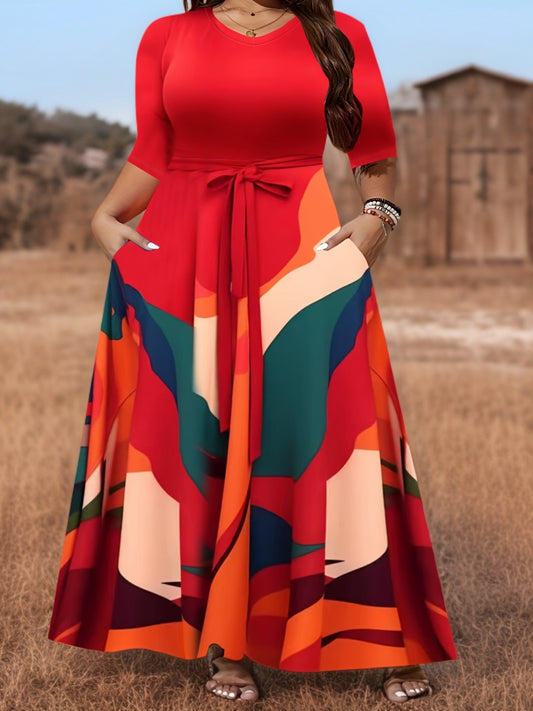 [Elegant Dress] Elegant Plus Size Women's Casual Dress with Pockets | V-Neck, 3/4 Sleeve, Long Color Block Print & Solid Blue Maxi Dress with Belt, Perfect for Spring/Summer/Fall, Casual Attire, Medium Stretch Fabric