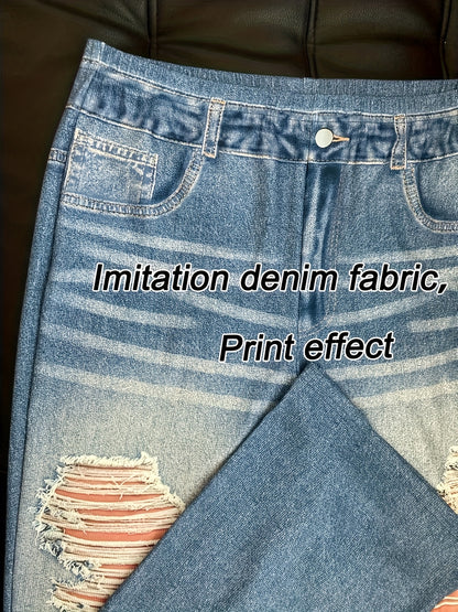 【imitation denim】Plus Size - [imitation Faux Denim]Plus Size - Women'S Plus Size High-Waisted Flared Pants - Non-Faux Denim Stretchy Trousers with Fake Pockets, All-Season Everyday & Formal Outfits - Elegant Blue Faux Den