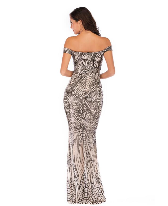 Off Shoulder Black Maxi Gold Dress Floor Length Bodycon Sequin Dress Women Strapless Formal Party Gown Sexy Dress