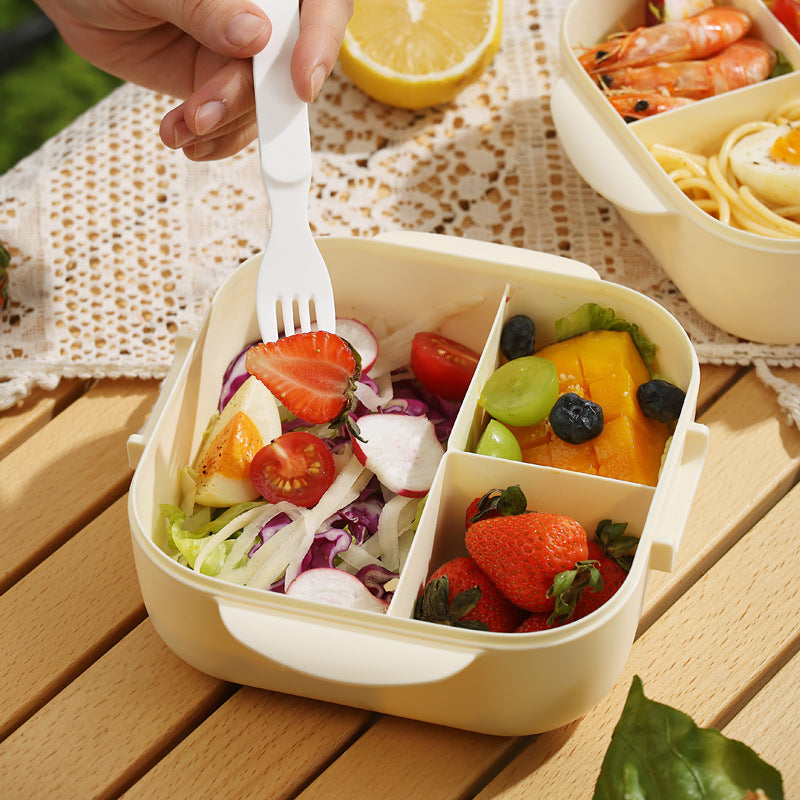 Microwaveable portable fresh-keeping lunch box with compartments and cutlery