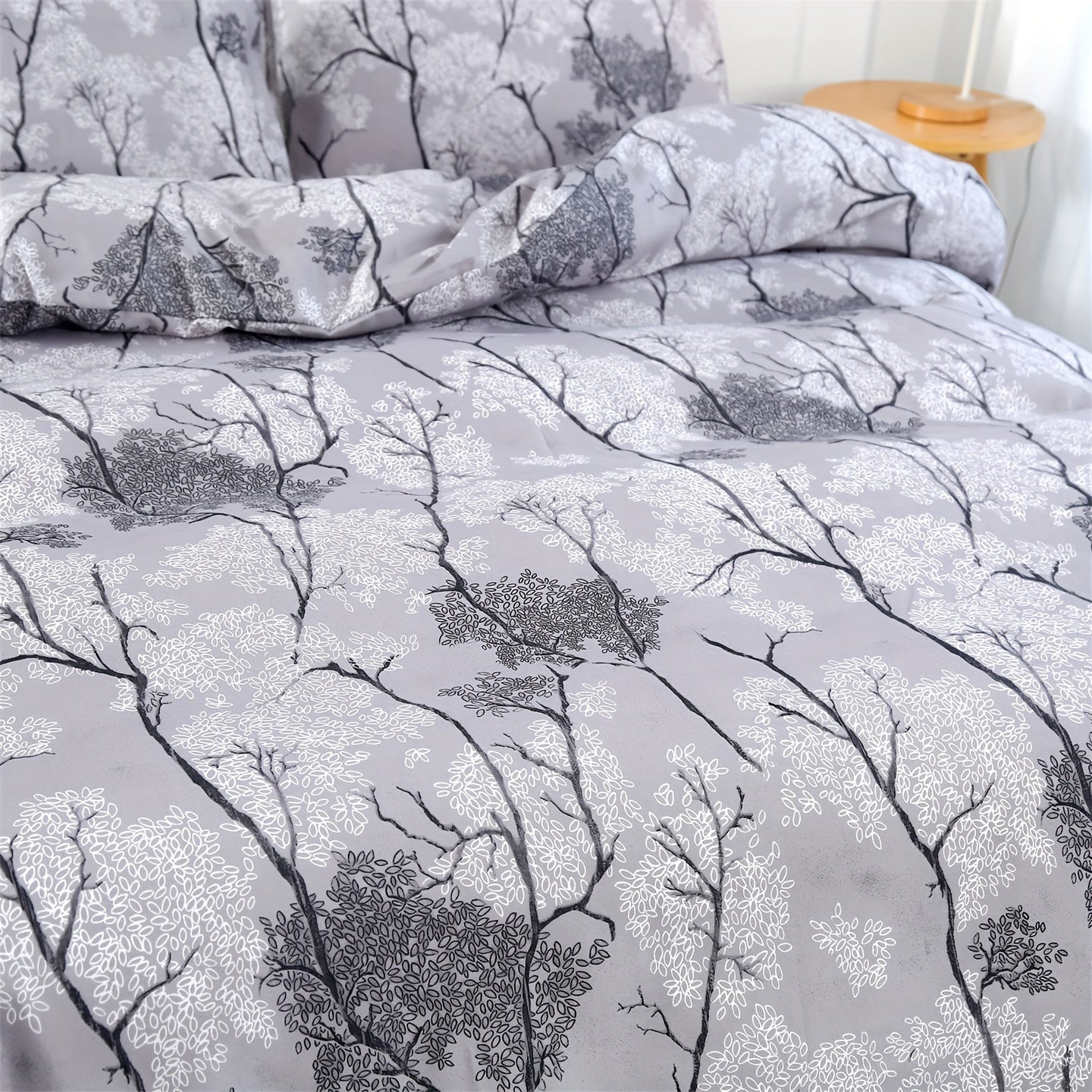 3pcs Botanical Floral Print Silver Gray Theme Bedding Set, Suitable for Bedroom, Guest Room, One Duvet Cover + Two Pillowcases, No Insert