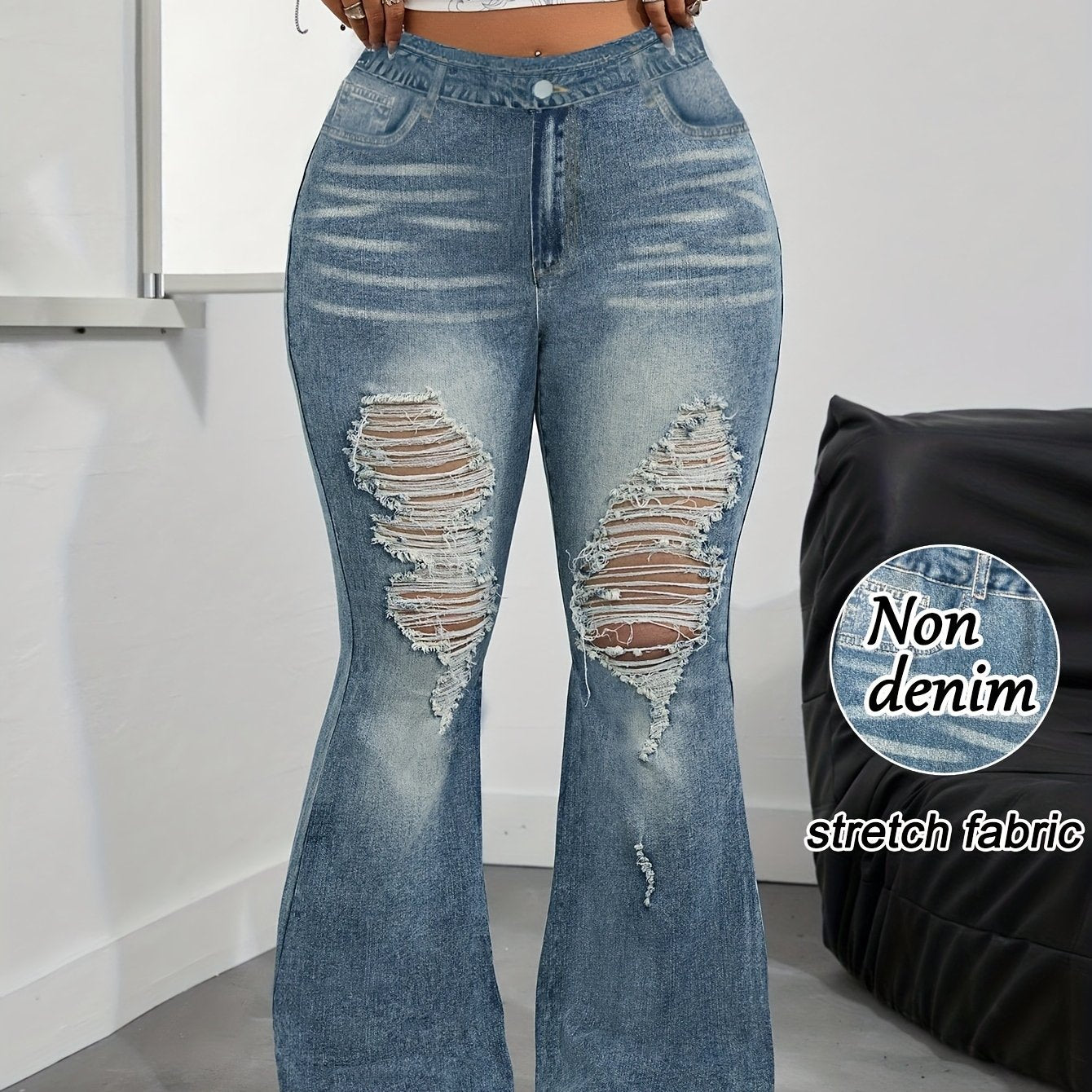 【imitation denim】Plus Size - [imitation Faux Denim]Plus Size - Women'S Plus Size High-Waisted Flared Pants - Non-Faux Denim Stretchy Trousers with Fake Pockets, All-Season Everyday & Formal Outfits - Elegant Blue Faux Den