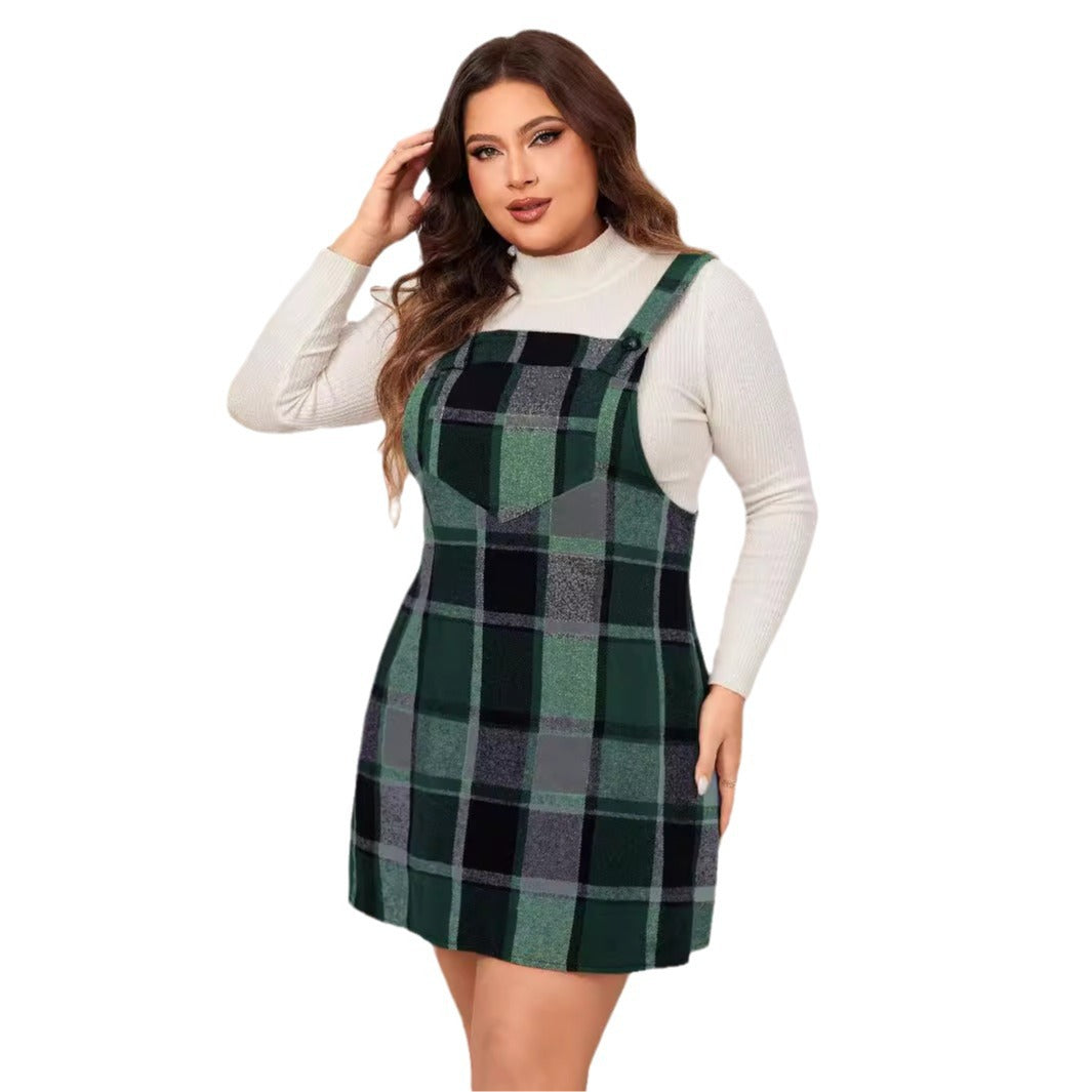 Oversized Fall Dresses For Women V Neck Plaid Sleeveless Wide Straps Casual Pockets Pinafore Mini Overall Bridesmaid Dresses