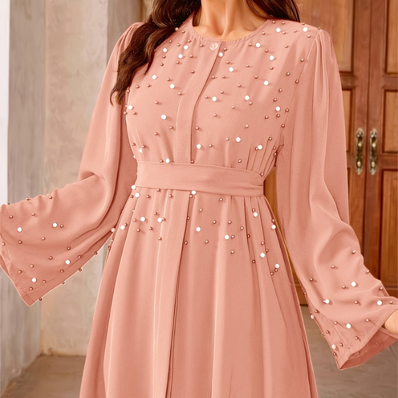 Elegant Navy Blue Abaya with Pearl Embellishments and Belt - Long Sleeve, Floor-Length Dress for Women, Perfect for Formal Occasions, Formal Attire|Elegant Abaya|Pearl Embellishments