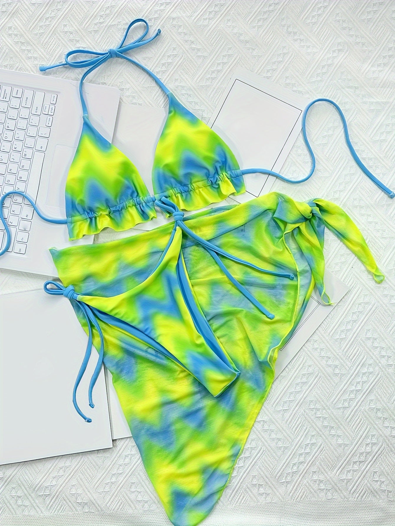 Vcay Swimwear Set, Sexy Tie-Dye Bikini with Frill Detail, High Stretch Fabric, Removable Padding, Halter Neck, Wrap Dress Style, All-Season Swimwear, Beach Attire|Tiedye Bikini|Removable Padding