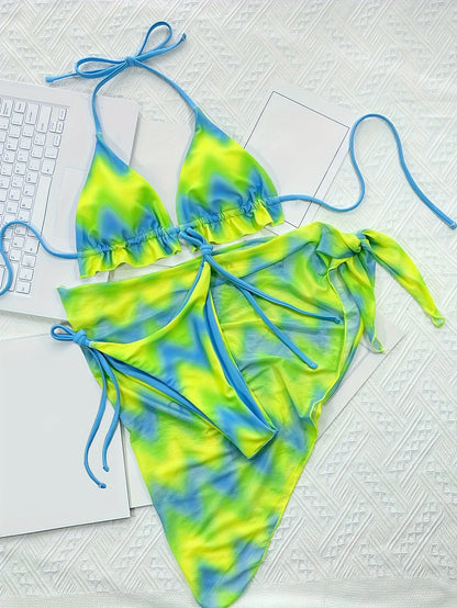 Vcay Swimwear Set, Sexy Tie-Dye Bikini with Frill Detail, High Stretch Fabric, Removable Padding, Halter Neck, Wrap Dress Style, All-Season Swimwear, Beach Attire|Tiedye Bikini|Removable Padding