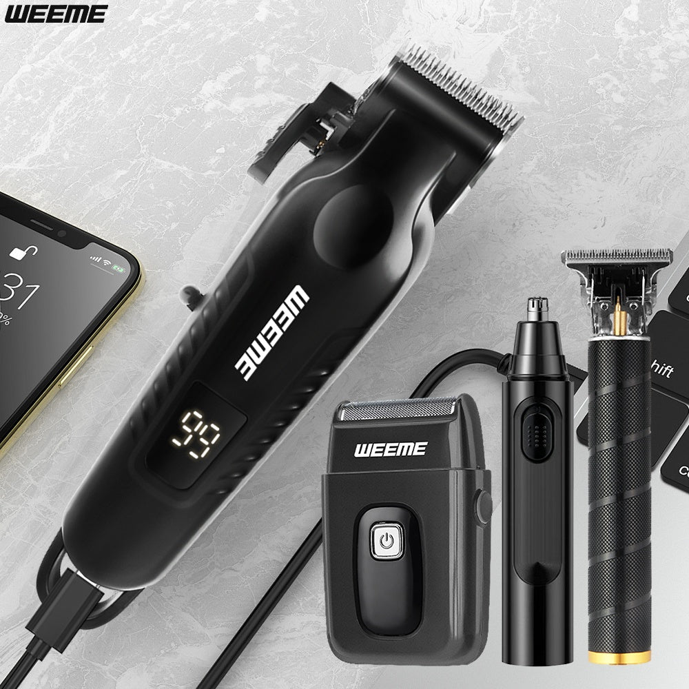WEEME 4pcs Men'S Facial Grooming Kit: USB Fast Charging Electric Hair Clipper + T-Blade Trimmer + Shaver + Nose Hair Clipper for Shaving, Nose Hair Trimming, Carving Styling - LCD Battery Display - Perfect Gift for Father'S D