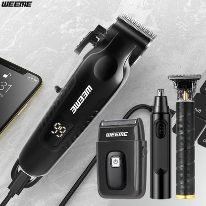 WEEME 4pcs Men'S Facial Grooming Kit: USB Fast Charging Electric Hair Clipper + T-Blade Trimmer + Shaver + Nose Hair Clipper for Shaving, Nose Hair Trimming, Carving Styling - LCD Battery Display - Perfect Gift for Father'S D