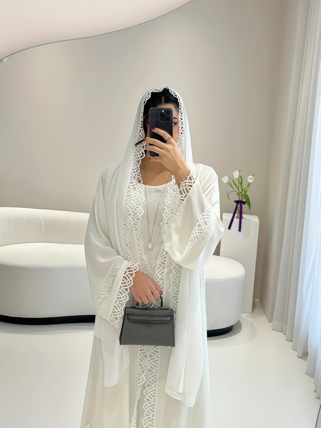 3pcs Elegant Muslim Women'S Abaya Set with Sleeveless Vest Skirt, Headscarf, and Belt - Black Lace Trim, Long Sleeve, Solid Color, All-Season Wear, Modest Fashion for Ramadan, Elegant Attire|Traditional Attire|Lace Trim Detai