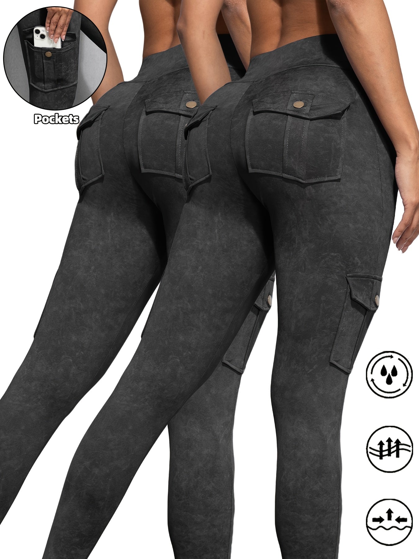 2pcs Women'S Cargo Leggings with Side Pockets - Olive Green & Black, Elastic Waistband, Mid-Rise, Stretchy Polyester Blend, Perfect for Outdoor & Casual Wear, Spring/Summer Collection, Versatile Clothing | Side Pocket Legging