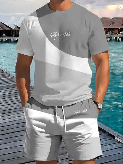 1 set of 2pcs 3D letter print stylish three-color Men's summer fresh T-shirt and shorts set, made from stretchy polyester knit fabric, regular fit, suitable for outdoor activities and family gatherings