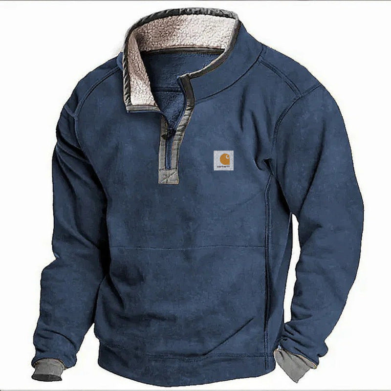 Men's Casual Hoodie with Stand Collar and Zipper Closure Fleece Lined Sweatshirt for Autumn and Winter