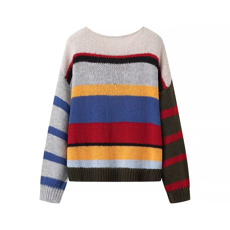 European and American style women's fashion temperament casual round neck long sleeved striped rainbow sweater