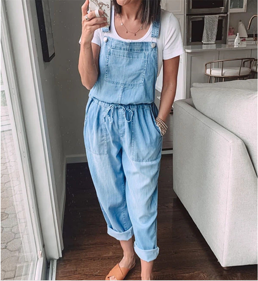 Spring Summer Drawstring Denim Overalls Women's Simple Casual With Stylish Pocket Slim Slim Feet Denim Pants