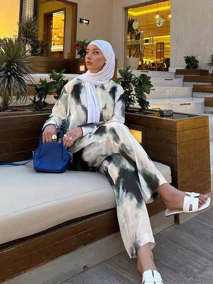 2pcs Women's Elegant Arabic-Inspired Abaya Set - Long Sleeve Shirt & Pants with White & Black Gradient Print, Structured Button-Up Outfit, Machine Washable All-Season Muslim Women's Clothing for Casual & Formal Events, Fancy